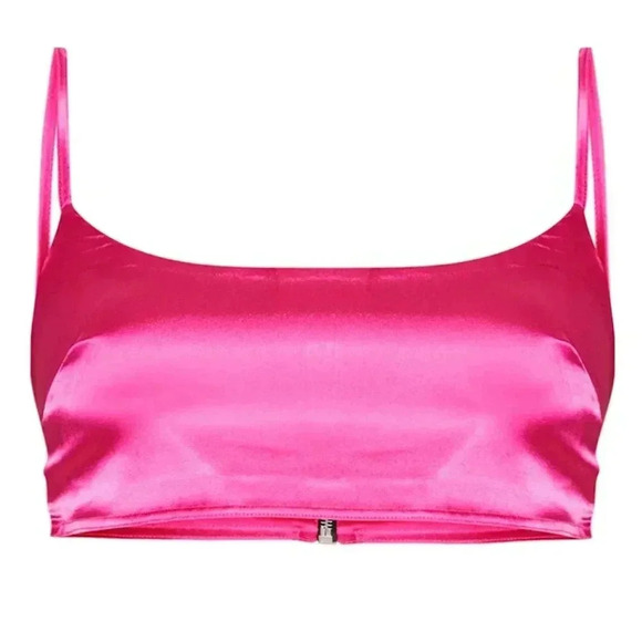 PrettyLittleThing Hot Pink Satin Bralet Crop Top 10 Spaghetti Straps Scoop Neck - Picture 3 of 7